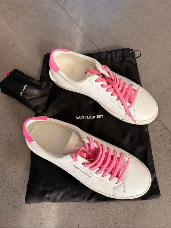 Saint Laurent Shoes - Saint Laurent White Leather Sneakers with Pink Laces and Heel Tab